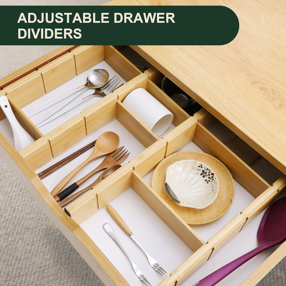 Utoplike Kitchen Drawer Divider with Inserts, Bamboo Drawers Organizer Adjustable, 4 pcs Large Expandable Wood Socks Drawer Organization for Dresser, Office, Spring Loaded