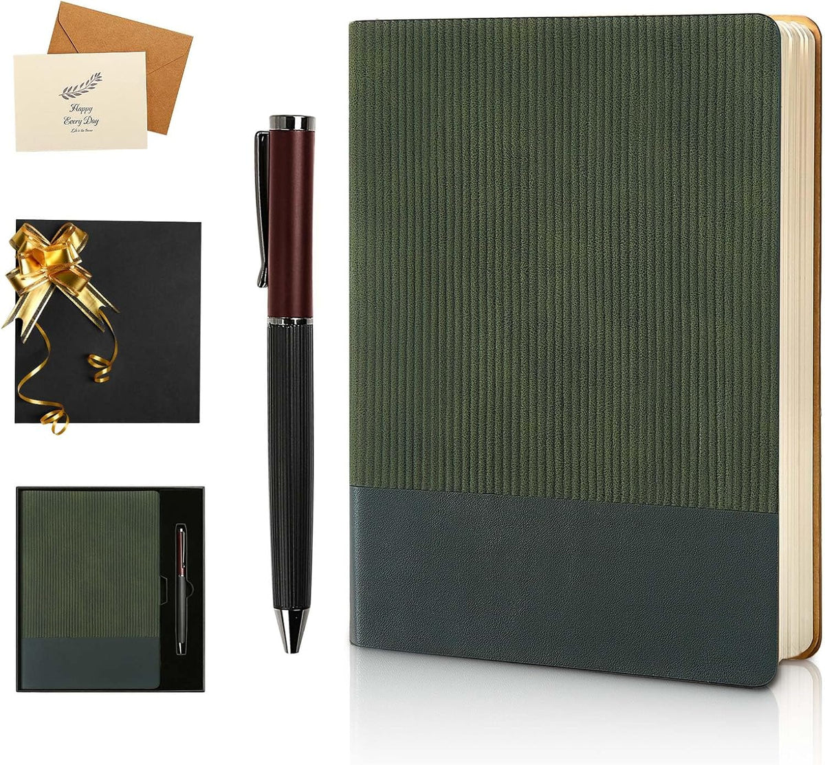 TSFPapier A5 Lined Notebook with Pen & Gift Box 216 Pages PU Leather Journal for Women Men 100GSM Thick Paper College Ruled Notebook for School,Travel,Business,Work,Home Writing (A5 Lined 216pages, Dark Green - Gift Box Set)