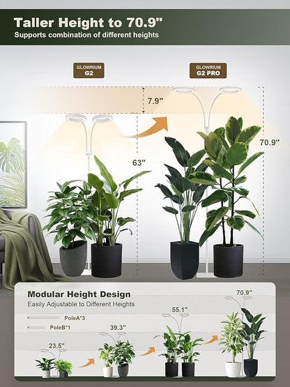 GLOWRIUM 48W LED Dual-Head Grow Light for Indoor Plants, 23.5-71" Adjustable Height, 3-Growing Full Spectrum for Tall Plant Light, 3/9/12/16H Timer, 6-Level Dimming, Ideal for Large Tall Plants