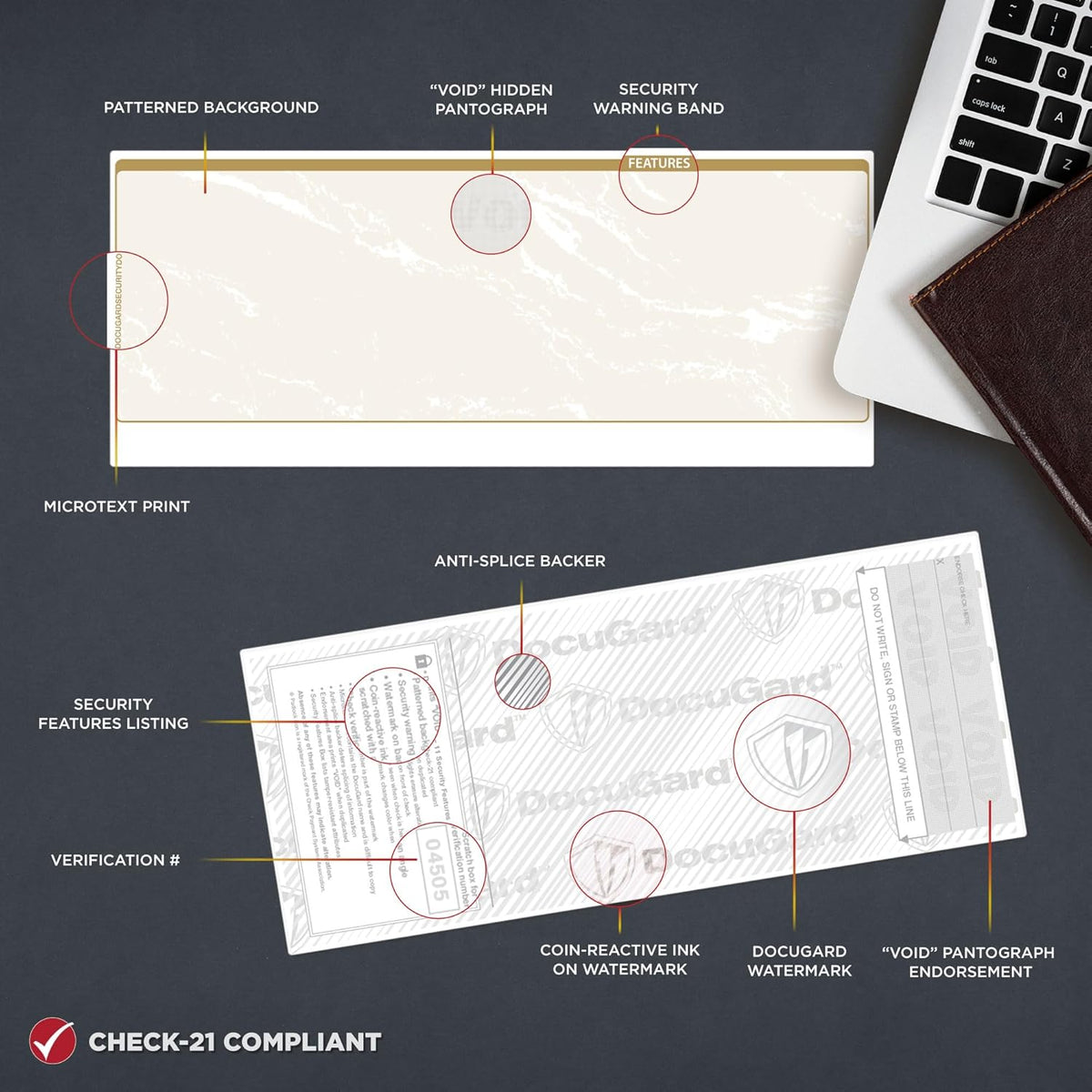 DocuGard Standard Gold Marble Top High Security Check Paper - QuickBooks & Laser/Inkjet Printer Compatible - 11 Security Features - 500 Blank Business Checks (04505)