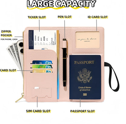 RFID-Blocking Leather Travel Wallet & Passport Holder with Zipper Pocket, Card Slots, and Phone Compartment – Waterproof Travel Organizer for Women & Men. TG-1 (Red)