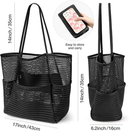 KPX Beach Bag with Mini Pocket, Beach Tote Bags for Women Large Foldable Mesh Swimming Pool Travel Bags - Sandproof