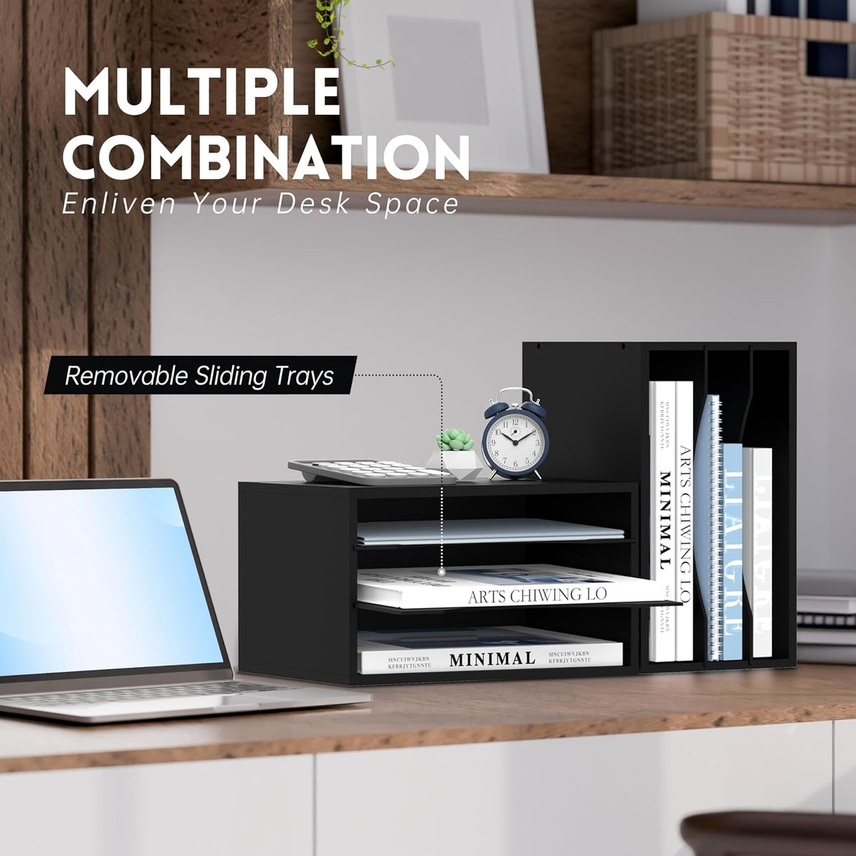 SUPEASY Wooden Desk Organizer - 3 Tier Paper File Organizer for Office, School & Home, Black