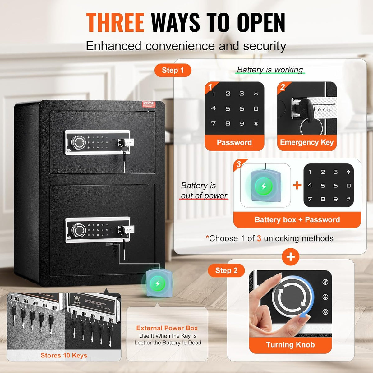 VEVOR Double Doors 3.5 cu.ft Safe Box with Key Lock & Password, Safe Lock Box with Fireproof Bag, Key Rack, LED Light and 2 Height Adjustable and Removable Divider for Money, Jewelry and Valuables