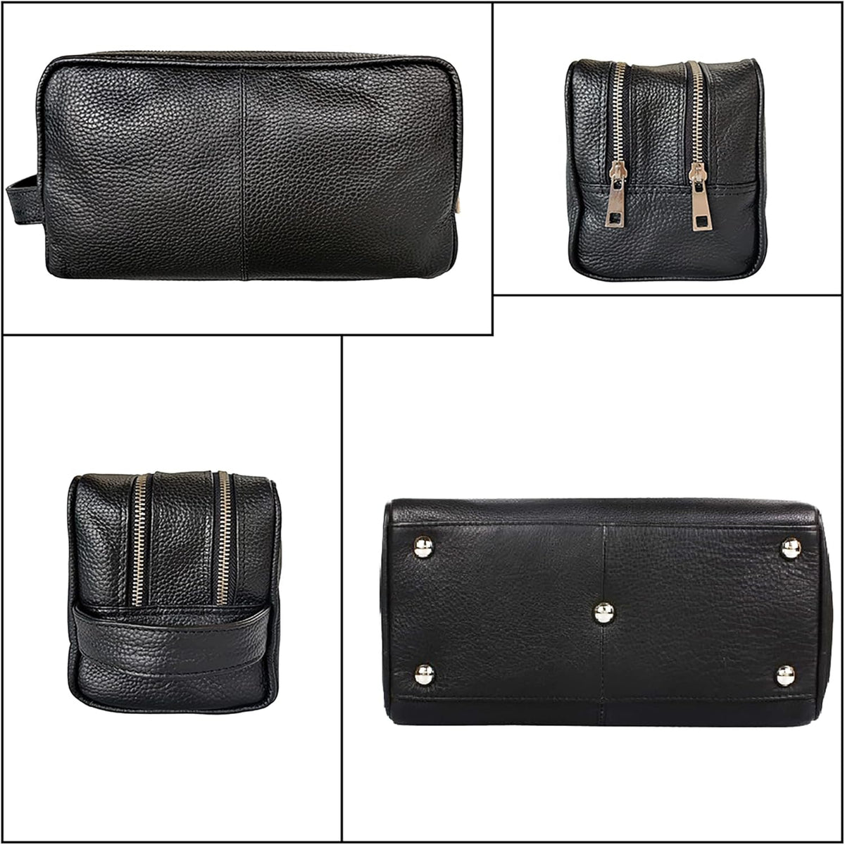 RUSTIC TOWN Full Grain Leather Travel Toiletry Bag - Cosmetic Makeup Kit Organizer (Medium, Black)