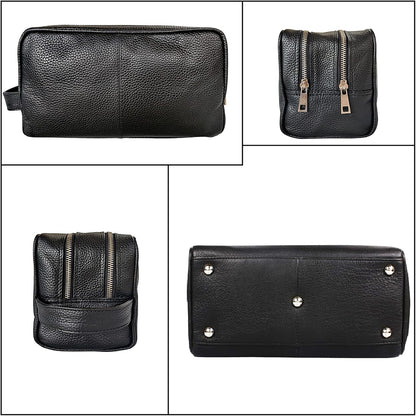 RUSTIC TOWN Full Grain Leather Travel Toiletry Bag - Cosmetic Makeup Kit Organizer (Medium, Black)