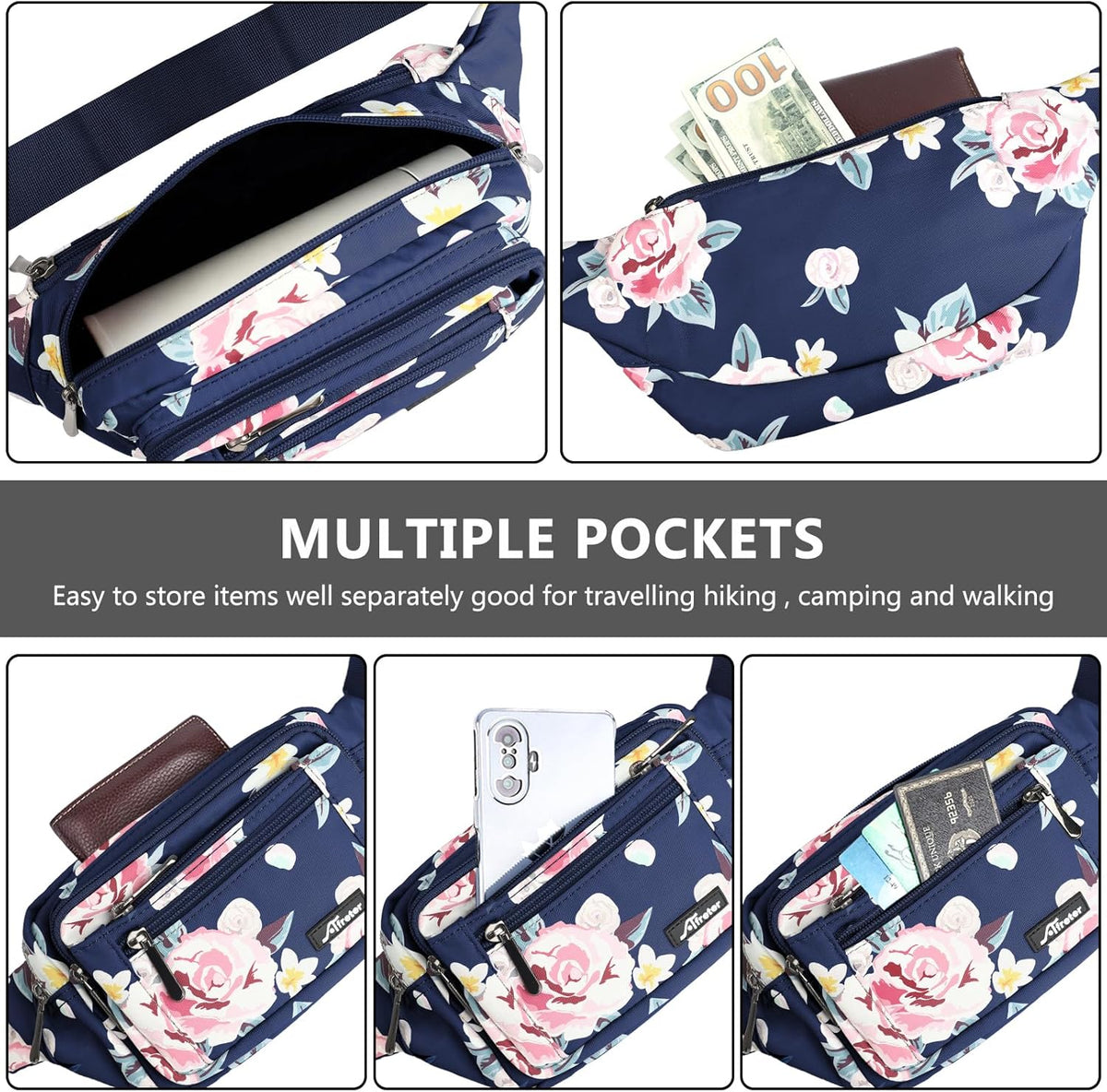Waist Pack Bag Fanny Pack for Men&Women Hip Bum Bag with Adjustable Strap for Outdoors Workout Traveling Casual Running Hiking Cycling (New Blue Flowers)