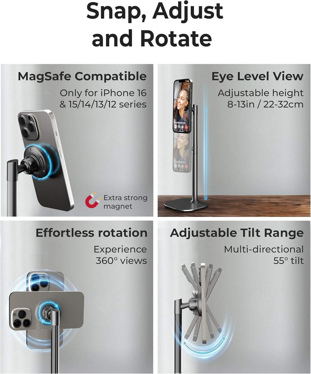 Cooper MagStand - Adjustable Magnetic iPhone Stand for Desk & Phone Holder for Video Recording, Compatible with MagSafe, Stand for iPhone 16 Pro Max, 15/14/13/12, Small Mag Safe Tripod (Night Black)