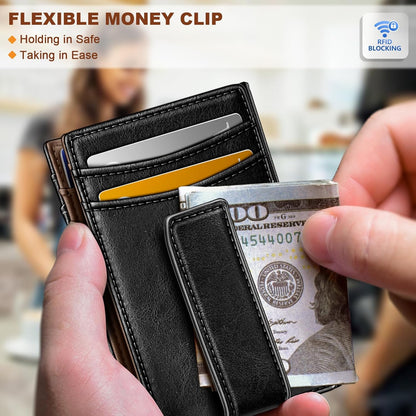 BULLIANT Magnetic Closure Slim Wallet-Genuine Leather Front Pocket Wallet for Men,RFID Blocking,Holds 12 Cards and Money Clip