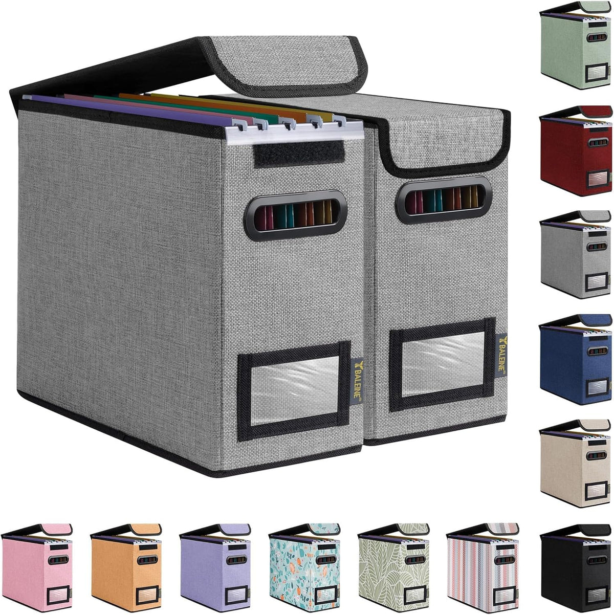 BALEINE File Organizer Box with Lid, Collapsible File Folder Organizer with Plastic Slide, Hanging File Folder Box for Office Document Storage (2 Pack, Grey, S)