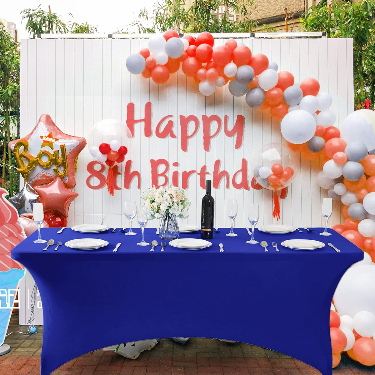 SuperO 2Pack Waterproof Spandex Table Cover for 8FT Table Universal Fitted Stretch Tablecloth for Party, Banquet, Wedding and Events-Royal Blue