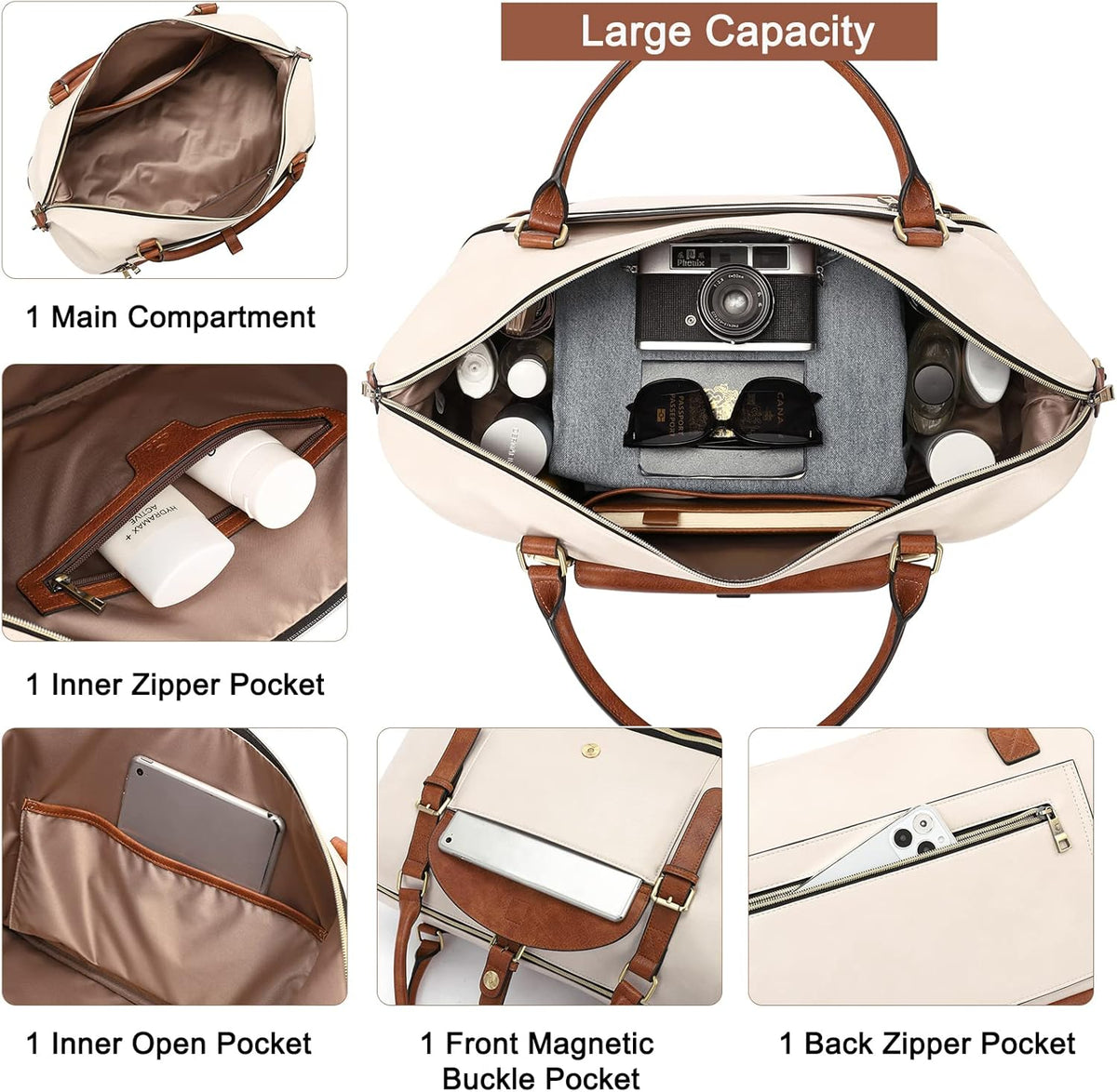 CLUCI Weekender Bag for Women Leather Large Overnight Travel Duffel Bag with Shoe Compartment Beige with Brown