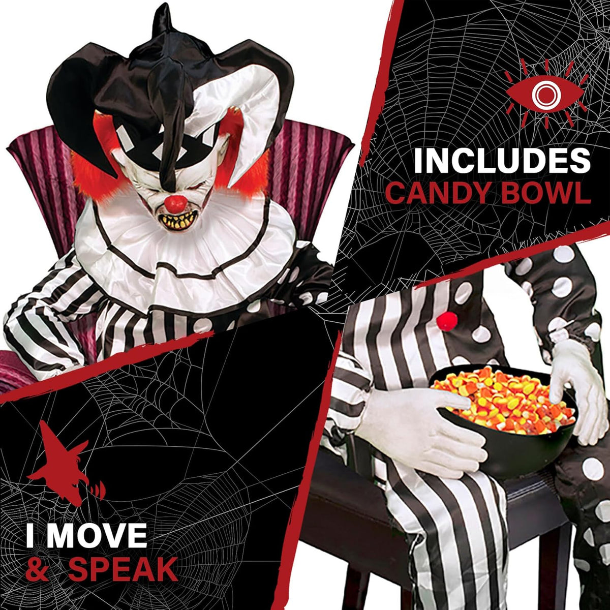 Haunted Hill Farm Hartley The Sitting Scare Clown by Tekky, Motion-Activated Talking Jump-Scare Halloween Animatronic for Halloween Party Prank Decoration, Plug-in or Battery Operated Halloween Props