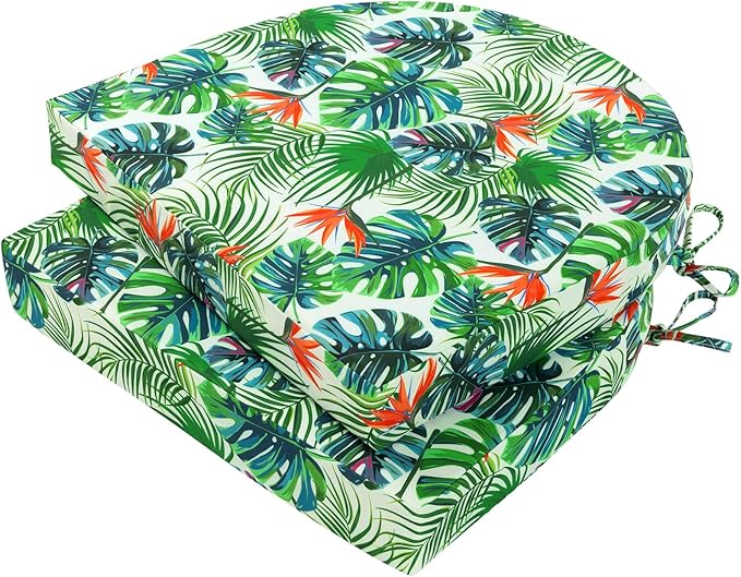 Topotdor Outdoor Chair Cushions Set of 2, Waterproof Patio Chair Cushions for Outdoor Furniture, Round Corner Seat Chair Pads with Ties for Patio Garden Dining Office, 18"x18"x2", Tropical Plant