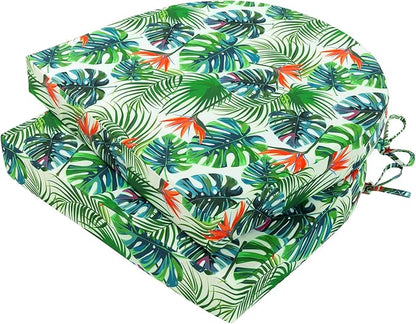 Topotdor Outdoor Chair Cushions Set of 2, Waterproof Patio Chair Cushions for Outdoor Furniture, Round Corner Seat Chair Pads with Ties for Patio Garden Dining Office, 18"x18"x2", Tropical Plant