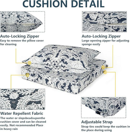 Outdoor Deep Seat Cushion Set, Water Repellent 24"x24" Patio Thick Cushions Replacement with Seat & Back Pillow for Patio Sofa, Wicker Chair, Couch - Damask Lapis