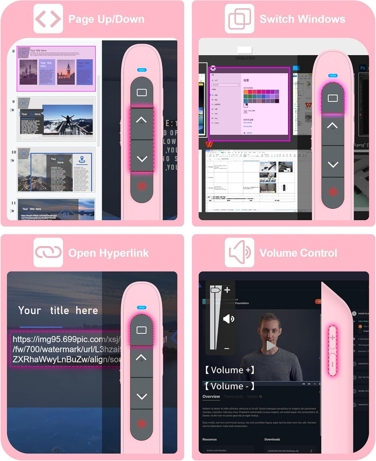 DinoFire Wireless Presentation Remote Presenter, RF 2.4GZ USB C Rechargeable Slide Clicker for Powerpoint Presentations for Laptop/Computer-Pink