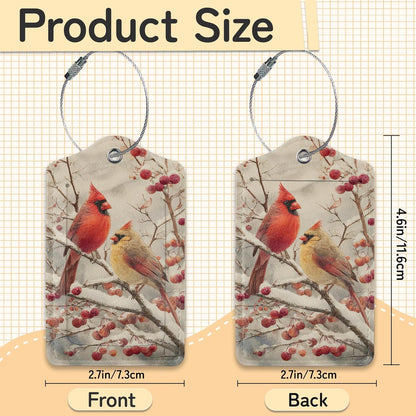 3 Pack PU Red Cardinal Birds Leahter Luggage Tag with Stainless Steel Loop,Travel Suitcase Labels with Privacy Cover ID Label Quickly Spot for Bags