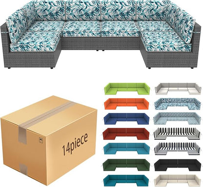 14 Pcs Outdoor Replacement Cushions for Patio Furniture, All Weather Water Resistant Cushion for 6 Seat Rattan Wicker Sectional Patio Conversation Sets and Couch (Lelf)