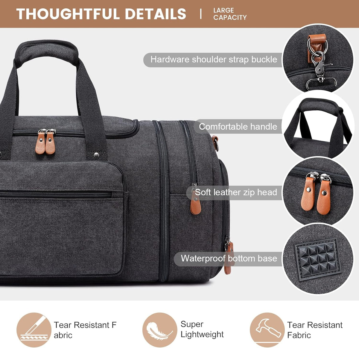 Sucipi Canvas Travel Duffel Bag for Men, Weekend Overnight Bag with Shoe Compartment and Toiletry Bag, Carry-On for Airplanes, Dark Grey