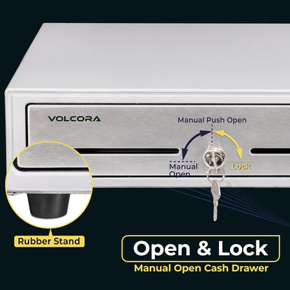 Volcora 16" Manual Push Open Cash Register Drawer for Point of Sale (POS) System - White and Stainless Steel Front Touch Panel - Durable with Removable Tray, 5 Bills and 8 Coin Slots, Key Lock