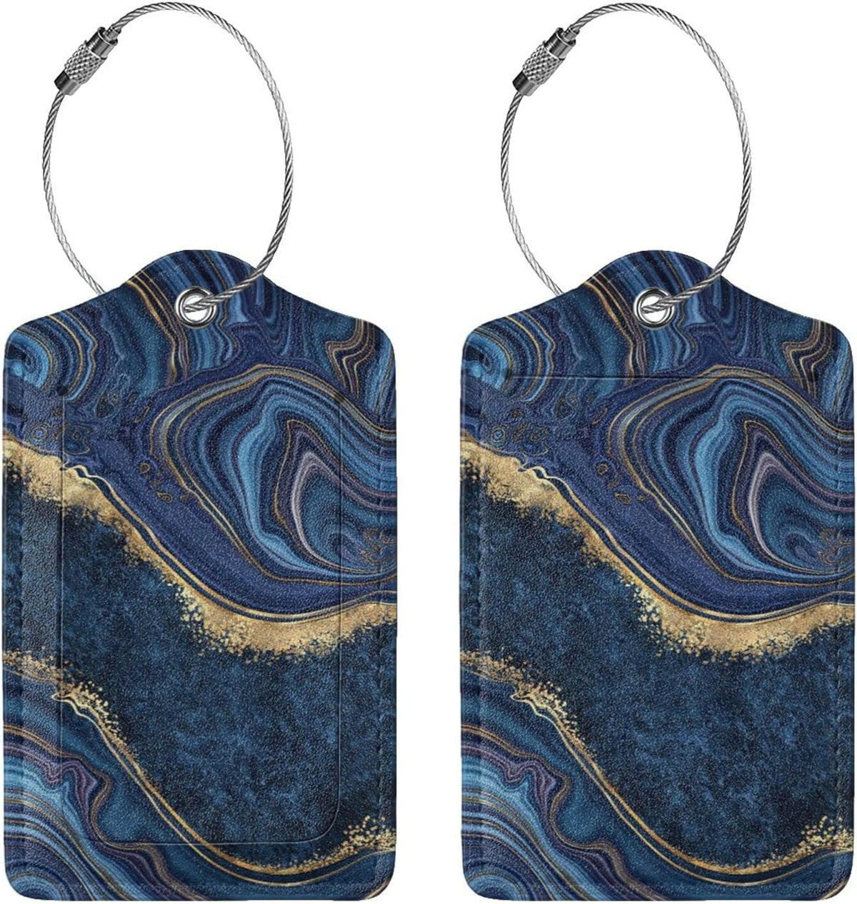 2PC Dark Blue Marble Luggage Tags Leather Suitcase Tag Privacy Name ID Card Quick to Find Out Travel Bag Labels with Stainless Steel Loop for Women Men Chilren Set of 2