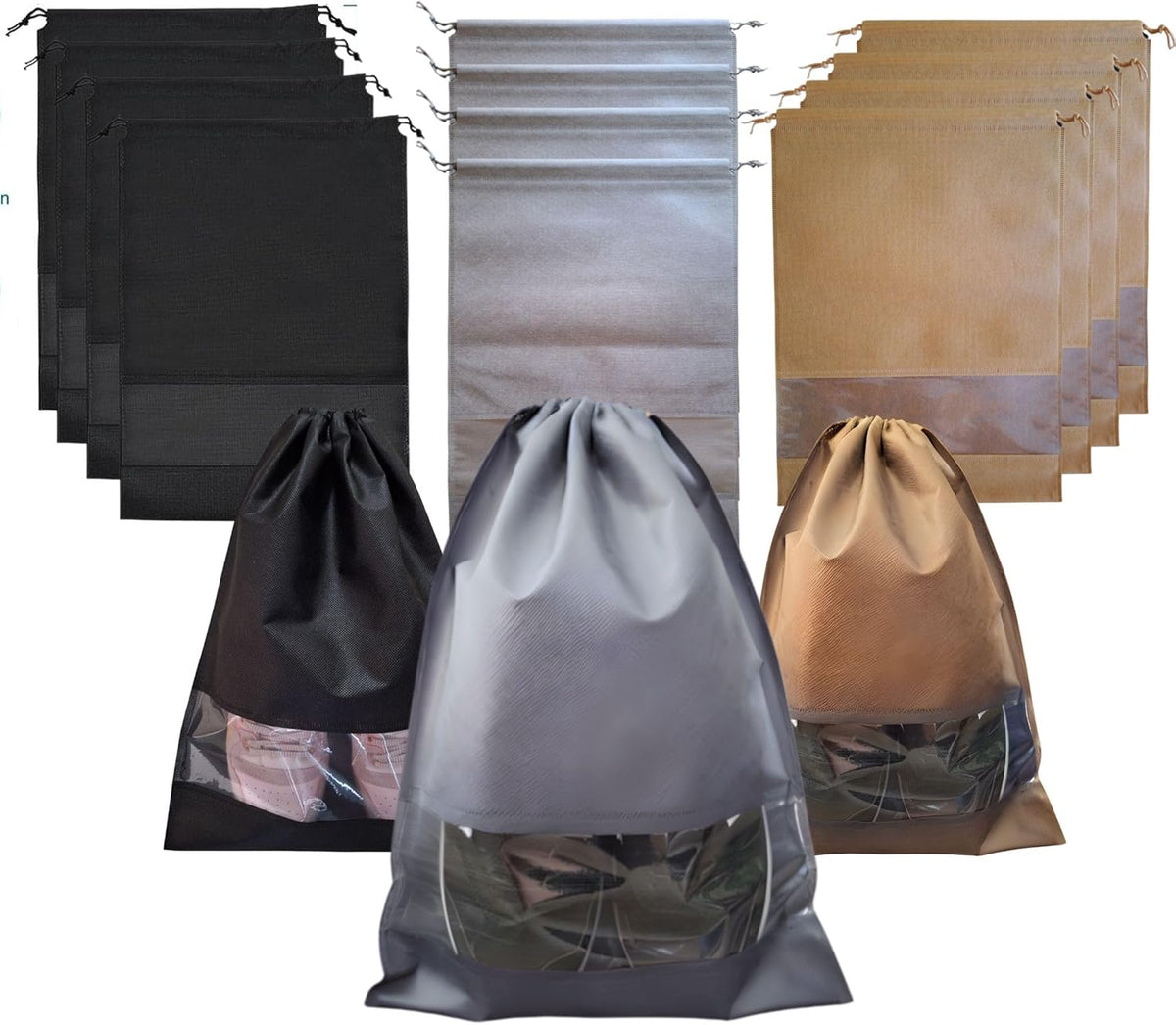 12 PCs Shoe Bags for Travel, Packing, Storage, Organizing & Suitcase. Reusable Dustproof & Water Resistant Sneakers Pouch Protectors with Clear Window & Drawstring. Laundry & Toys (Sand, Gray & Black)