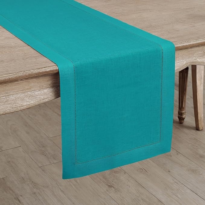Solino Home Linen Hemstitch Table Runner 36 Inches - 100% Pure Linen Teal Table Runner 14 x 36 Inch Ideal for Dresser and Coffee Tables - Christmas, New Year - Classic Hemstitch