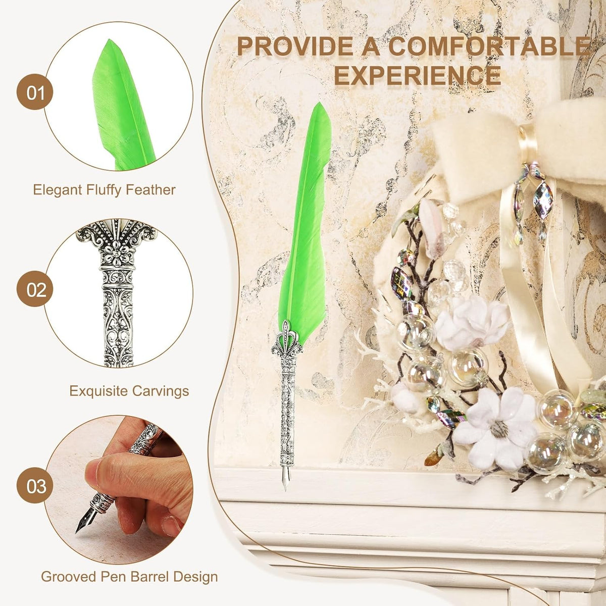 PATIKIL 26.5cm/10.4" Calligraphy Feather Quill Pen, Vintage Feather Dip Pen with 5 Replacement Nibs for Calligraphy Writing Wedding Office Gifts, Fruit Green