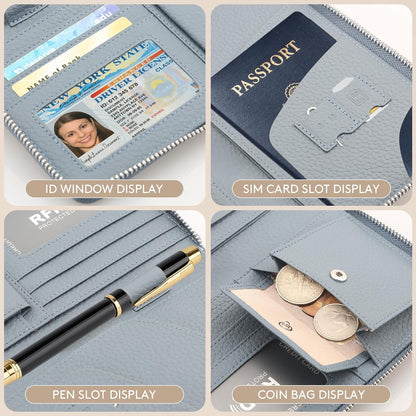 RFID Large Passport Holder for Man & Women, Leather Travel Wallet with Card Holders, Zippered Coins Pocket and CashSlot, for Secure Traveling and Documentation Organizer (Eephant Grey)