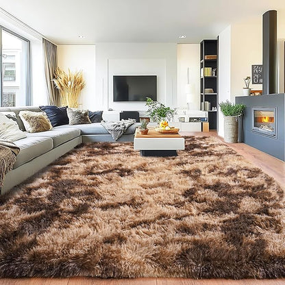 Pionblank 8x10 Rug for Living Room, Fuzzy Plush Large Area Rug Brown, Fluffy Modern Shag Non Slip Soft Furry Carpet for Bedroom Kids Room Nursery Teens Dorm Home, Tie-Dyed Coffee