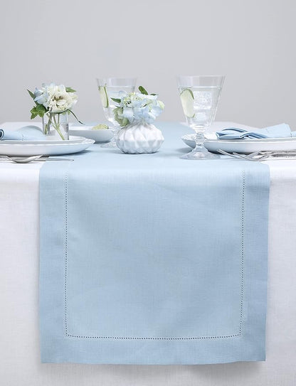 Solino Home Sky Blue Table Runner 90 Inches Long - 100% Pure Linen Hemstitch 14 x 90 Inch Table Runner for Dining, Holiday, Christmas, New Year - Classic Hemstitch
