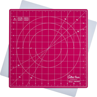 The Quilted Bear Rotating Cutting Mat 12" x 12" - Locking & Rotating Self Healing Cutting Board for Sewing, Fabric & Quilting - 360 Degree Sewing Supplies Mat for Craft Table (Pink)