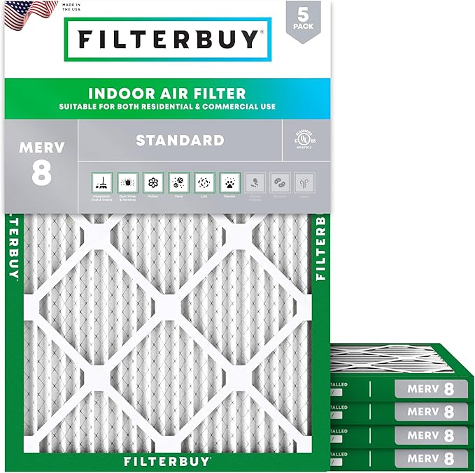Filterbuy 8x14x1 Air Filter MERV 8 Essential Dust & Allergy Defense (5-Pack), Electrostatic Pleated HVAC AC Furnace Filters Replacement, Made in USA (Actual Size: 7.50 x 13.50 x 0.75)