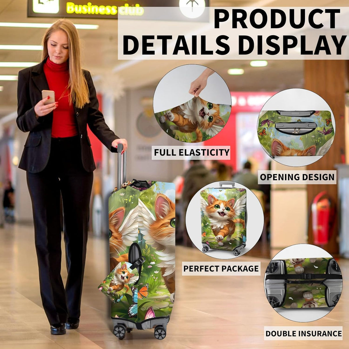 Travel Luggage Cover,Cute Cat Theme Suitcase Cover Accessory Kit, Luggage Tag, and Comfortable Luggage Handle Wrap, Washable Zipper Close Luggage Suitcase Protector (18-20 inch,S)