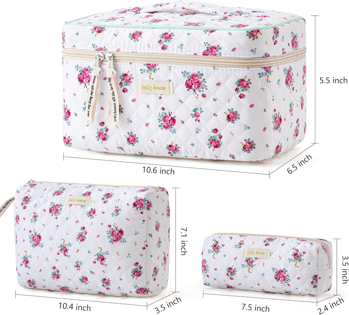 HBselect Quilted Makeup Bag, 3PCS Cotton Large Travel Makeup Bag, Cute Floral Coquette Make up Bag Cosmetic Bag Toiletry Bag for Women Girls