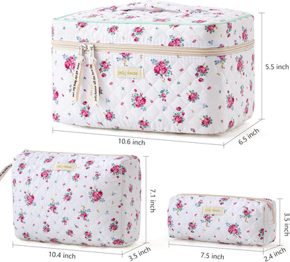 HBselect Quilted Makeup Bag, 3PCS Cotton Large Travel Makeup Bag, Cute Floral Coquette Make up Bag Cosmetic Bag Toiletry Bag for Women Girls
