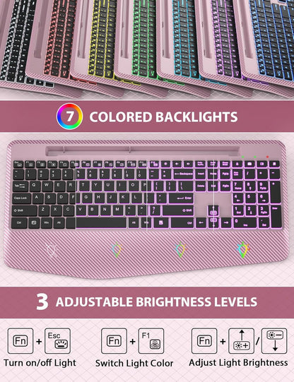 Wireless Keyboard and Mouse Backlits, Wrist Rest, LED Mouse, Rechargeable Ergonomic Keyboard with Phone Holder, Silent Light Up Combo for Computer, Mac, PC, Laptop, Chromebook (Rose Gold)