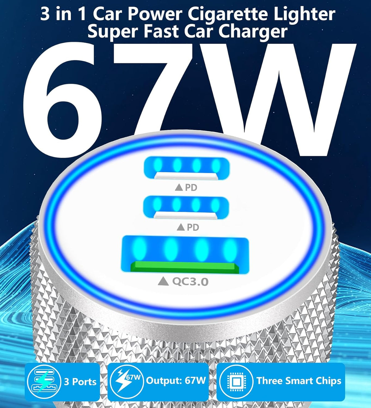 USB C Car Charger, Rombica 2Pack 3Port 67W Dual USB-C&USB-A Car Power Cigarette Lighter USB Charger 3 in 1 PD/QC Type C Car Charger Fast Charge for iPhone 17 17 Pro 16 15 14 13 12/Galaxy S25 S24/Pixel