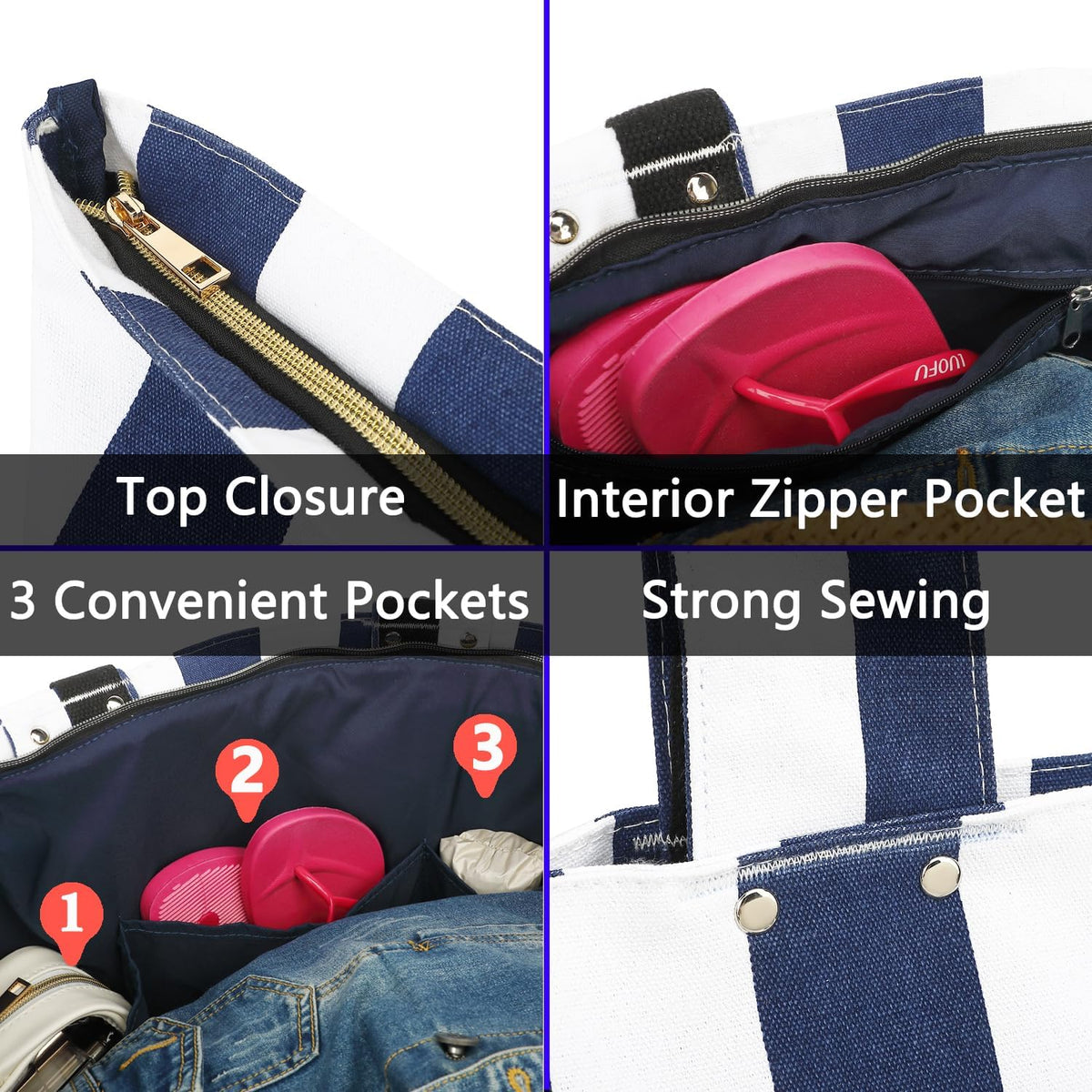 Large Beach Bag for Women, Waterproof Travel Tote Bag with Lunch/Wet Pocket for Weekender, Sandproof, Zipper Closure