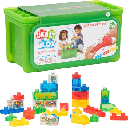Jelly Blox Stash 'N Stack 2-in-1 Storage Case with 30 Blocks for Toddler Sensory Play Toy Ages 2+