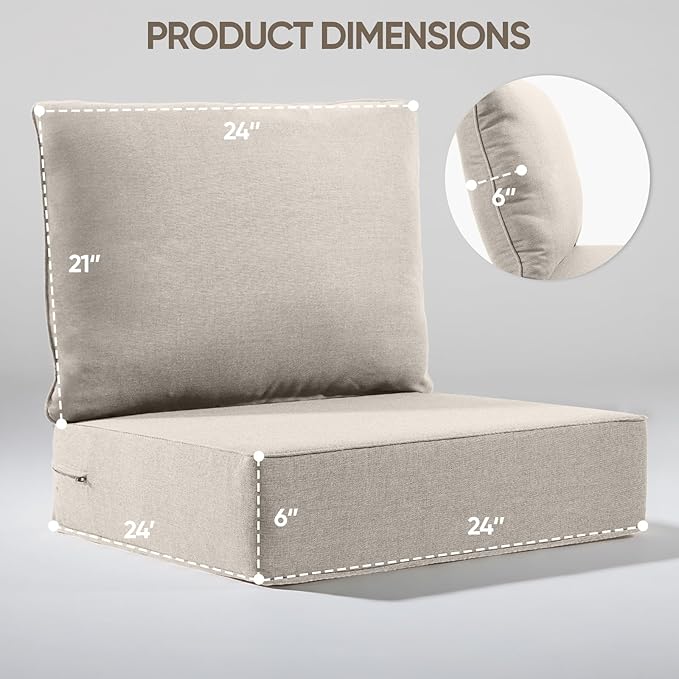 6" Thick Outdoor Cushion, 24*24*6" Patio Furniture Cushions with Waterproof Patio Furniture Cushions with Removable Cover, 28D High Density Patio Cushion for Outdoor Furniture,Beige-4pcs