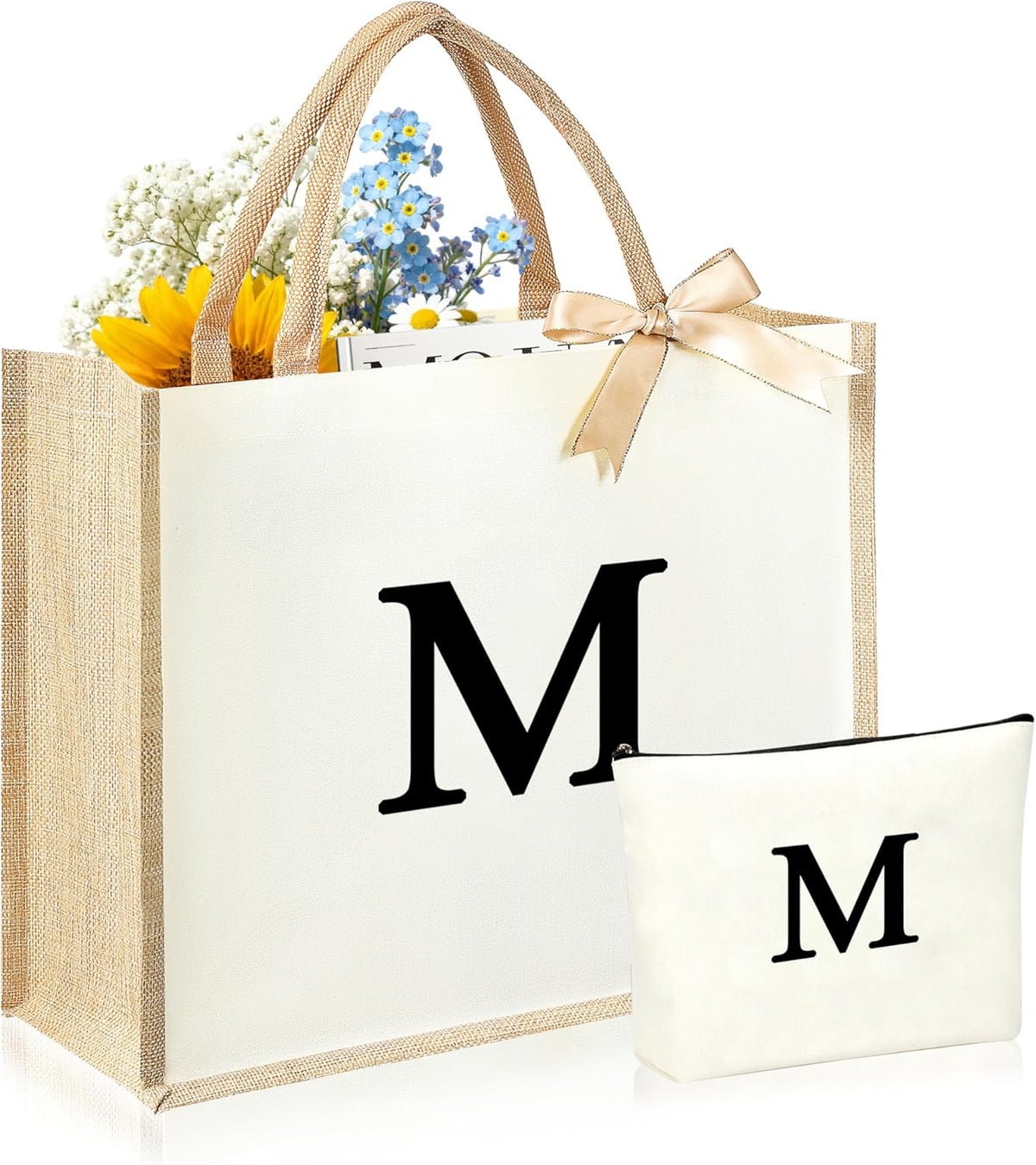 Initial Canvas Tote Bag & Makeup Bag for Women Teacher Bridesmaids，Personalized Present for Wedding, Birthday, Beach