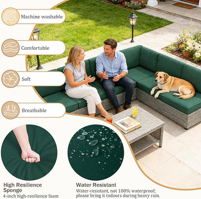 14 Pcs Outdoor Replacement Cushions for Patio Furniture, All Weather Water Resistant Cushion for 6 Seat Rattan Wicker Sectional Patio Conversation Sets and Couch (Dark Green)