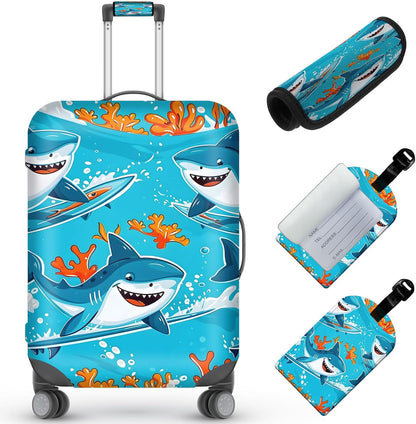 Travel Luggage Cover,Cute Cartoon SharksTheme Suitcase Cover Accessory Kit, Luggage Tag, and Comfortable Luggage Handle Wrap, Washable Luggage Suitcase Protector (25-28 inch,L)