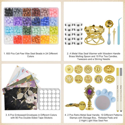 Numola Wax Seal Kit with Gift Box, 24 Colors 600 Pcs Cat-paw Beads, 10 Stamps with Storage Box, 2 Retro Handle, Metal Warmer, Vintage Envelopes, Metallic Pen, Candles, for Gifts and Decorating