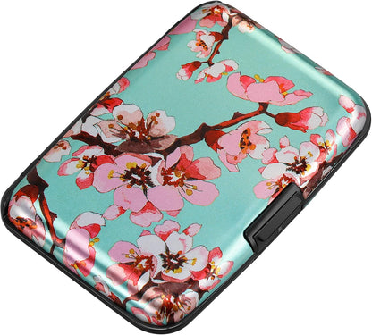 ELFISH Mini RFID Aluminum Wallet Credit Cards Holder Business Card Case Metal ID Case for Men Women（Pink Peach Blossom
