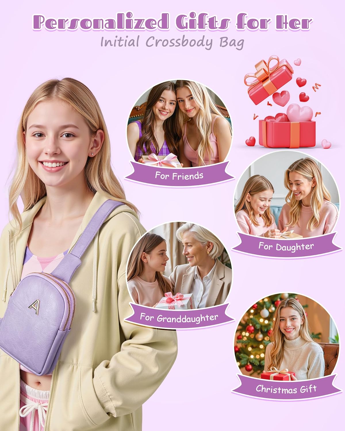 Gifts for 8 9 10 11 12 13 14 15 16 Year Old Girls, Personalized Sling Bag with Adjustable Strap, Lightweight Mini Crossbody Bag, Tween Girls Trendy Stuff, Gifts for Teen Girls
