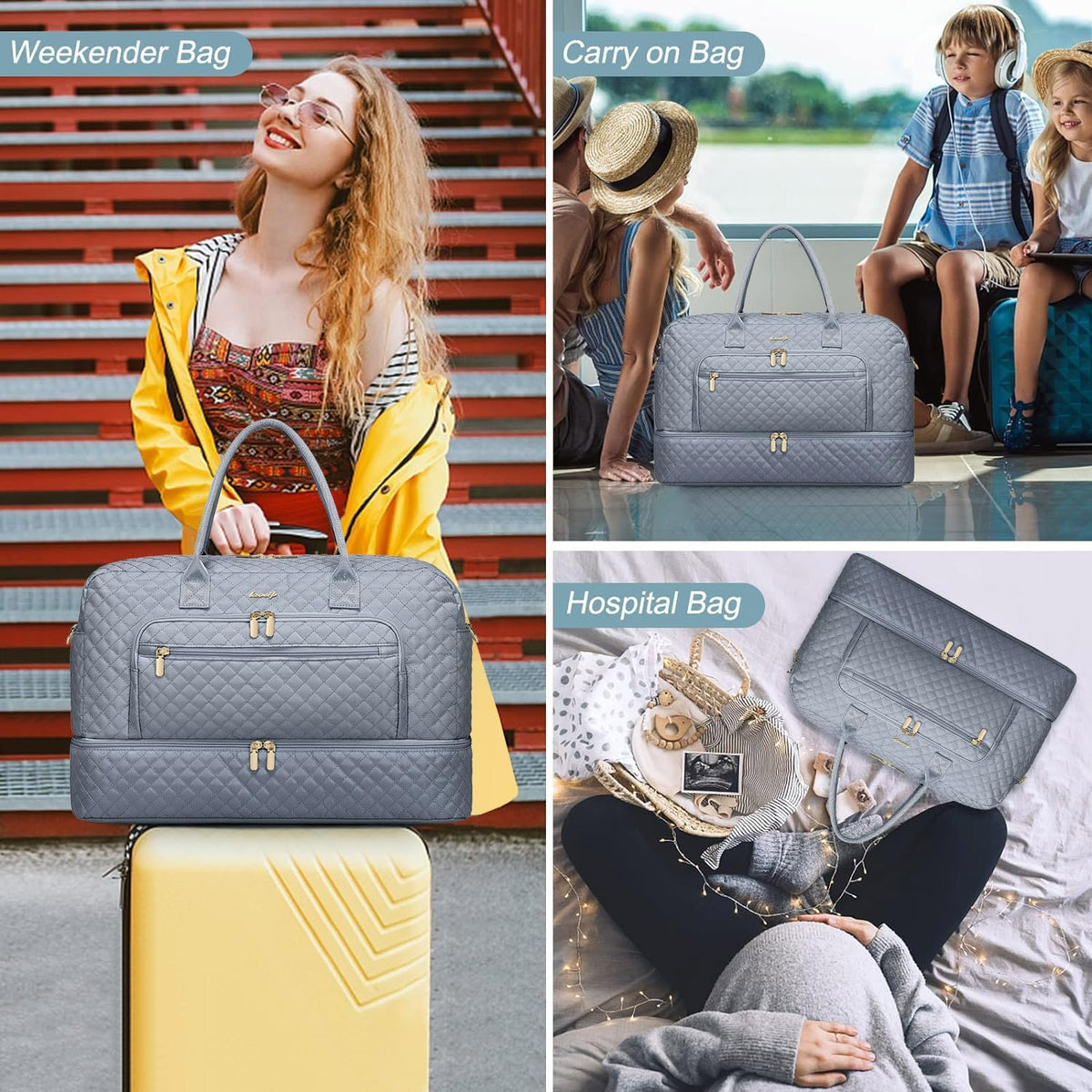 Large Women Travel Duffle Bag, Weekender Bags for Women with Shoe Compartment, Carry on Overnight Bag with Toiletry Bag, Gym Duffel Bag with Wet Pocket, Hospital Bags for Labor and Delivery
