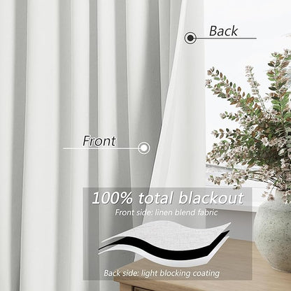 Guken White 100% Blackout Curtains 132 Inch Length 2 Panels Set for Living Room Bedroom Back Tab Thermal Insulated Black Out Linen Drapes Room Darkening Window Curtains